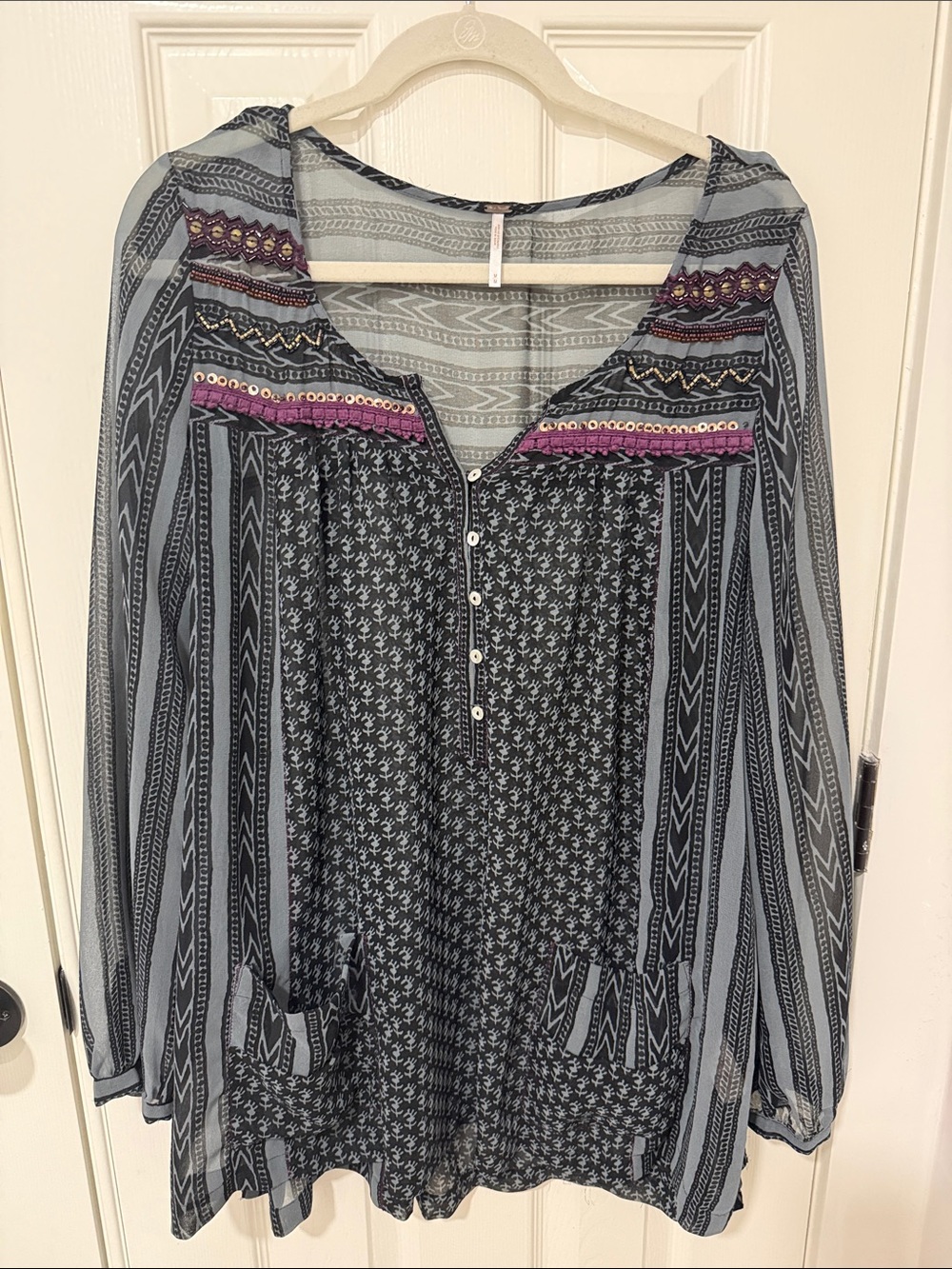 Free People Black & Gray Embroidered Boho Tunic